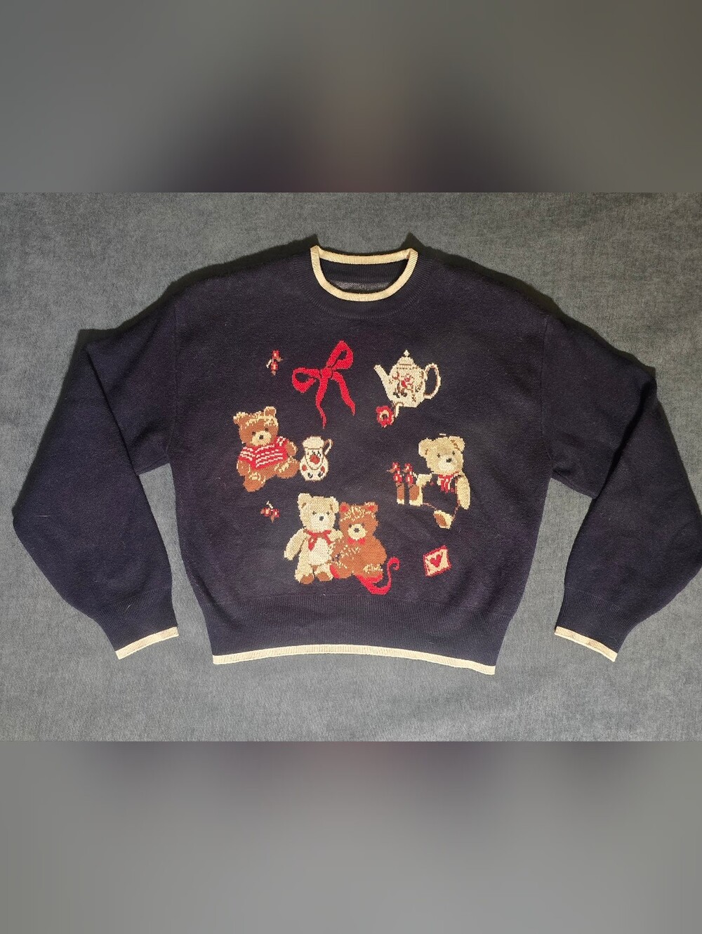 Cider Teddy Bear Tea Party Knit Sweater Navy Blue Crewneck Womens Small S